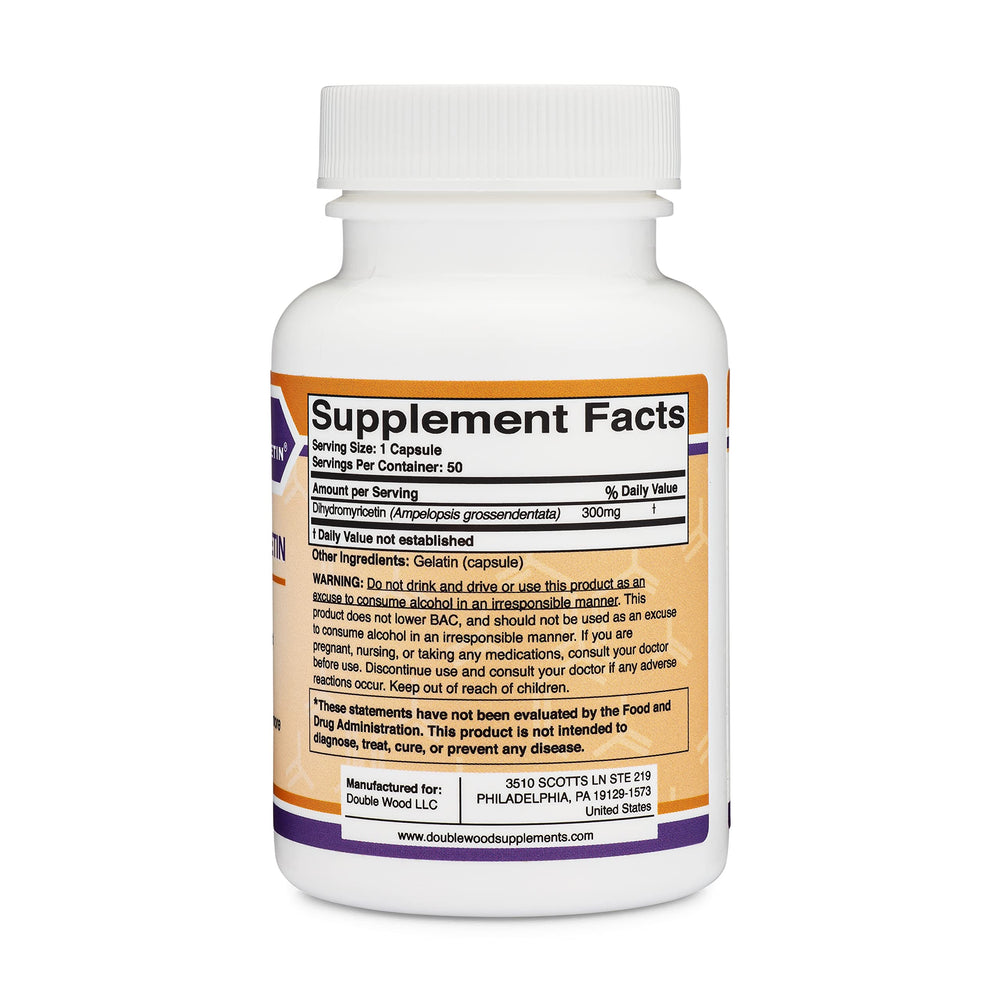 Double Wood DHM 50 capsules inside bottle, compact daily value.