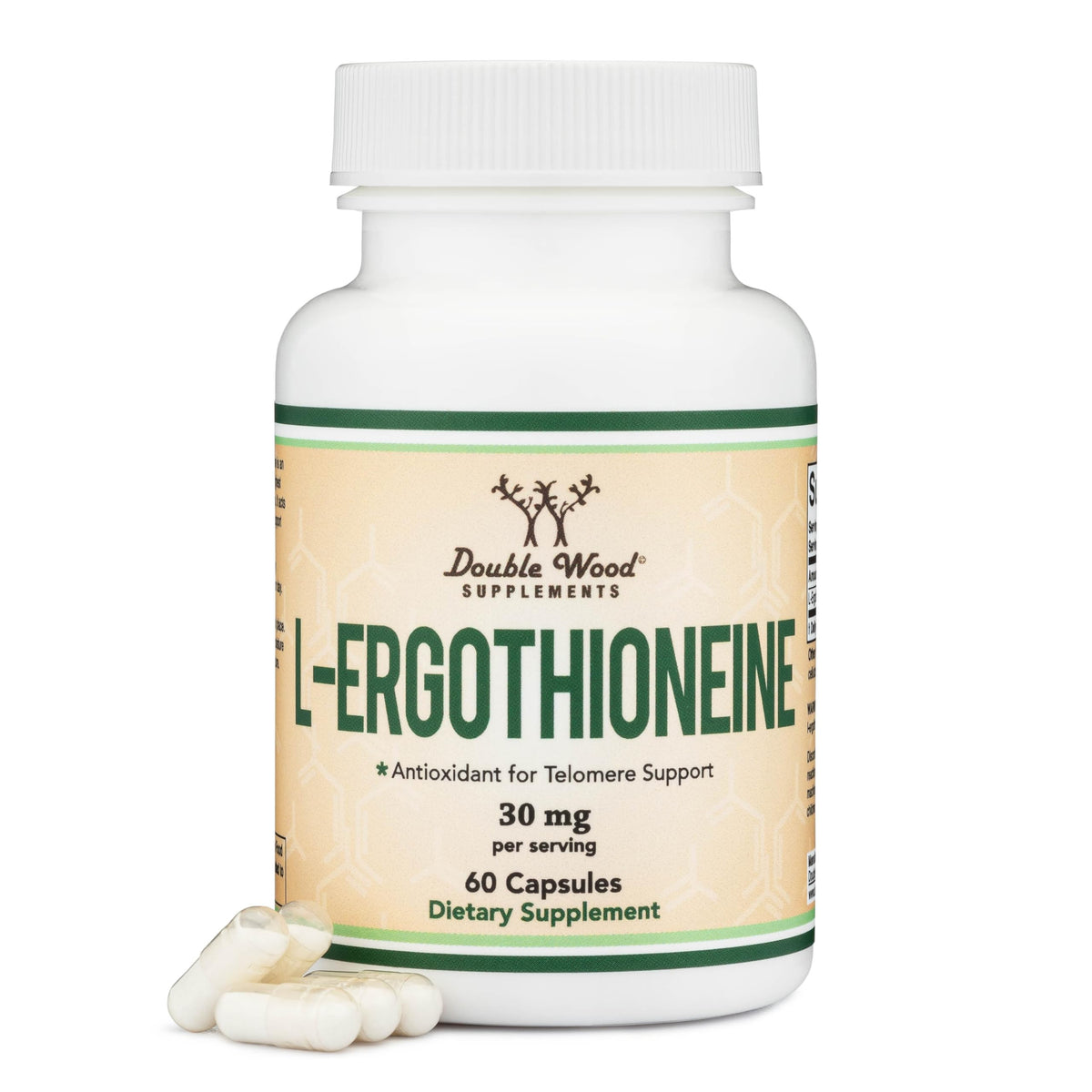 Double Wood Ergothioneine 30mg capsule front view for daily antioxidant support.
