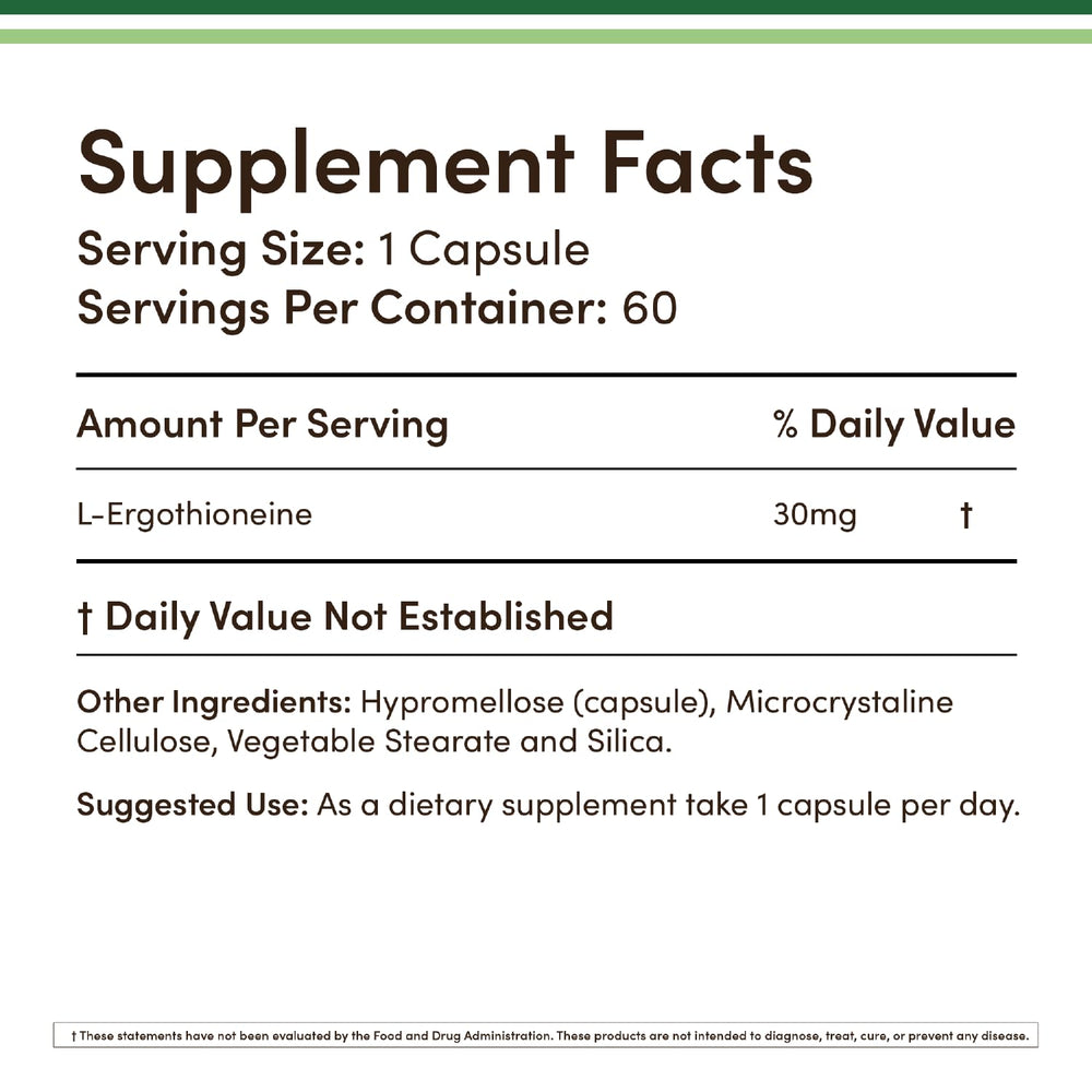 Double Wood Ergothioneine bottle label close-up highlighting vegan-safe formula.