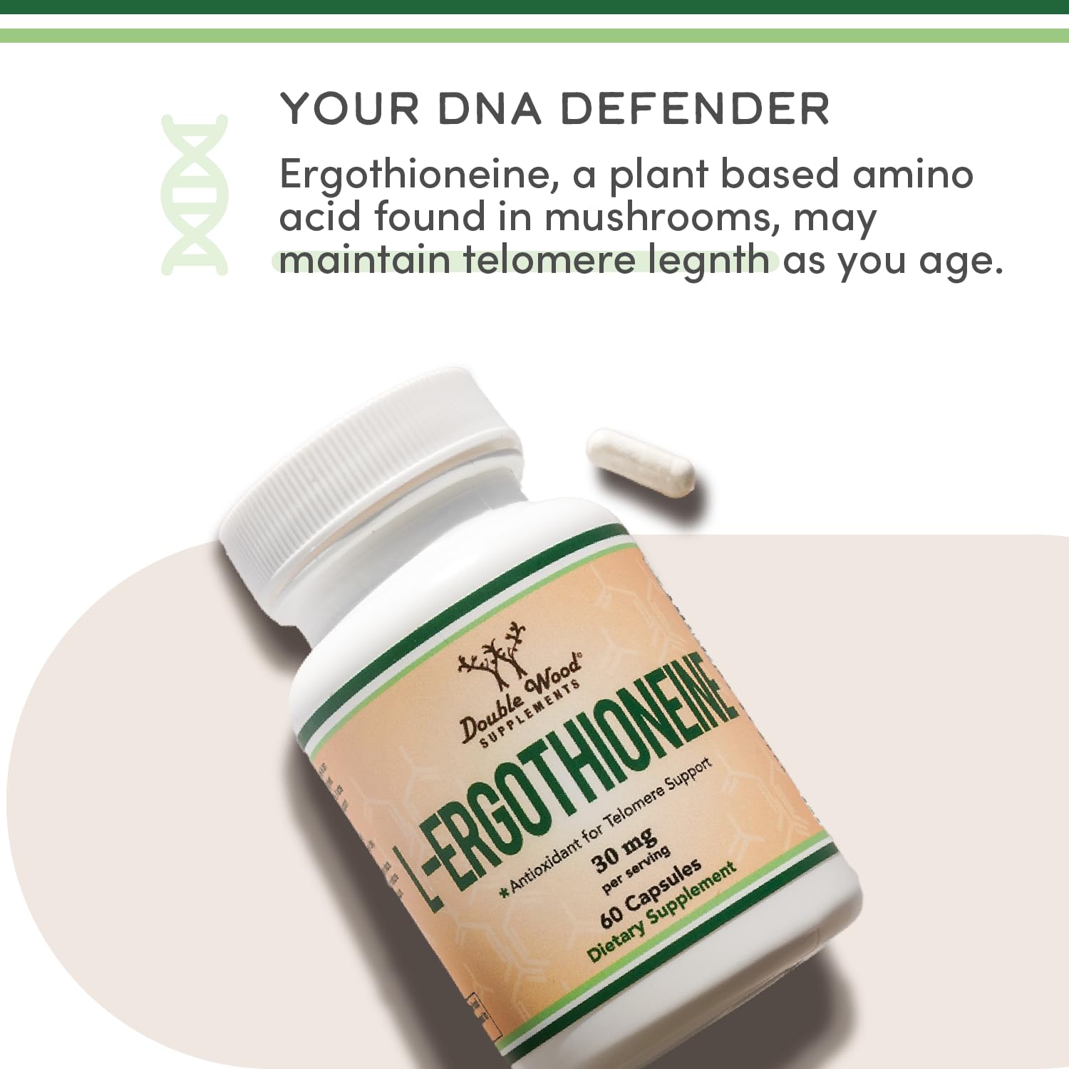 Double Wood Ergothioneine bottle on a shelf illustrating pantry-friendly wellness.
