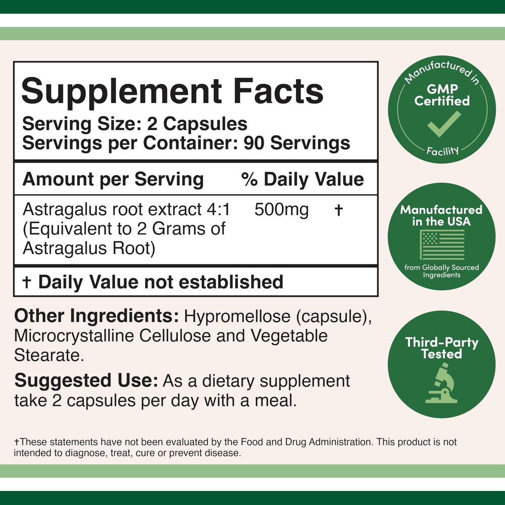 Etiqueta de Double Wood Astrágalo 500 mg con información para apoyo inmunológico.