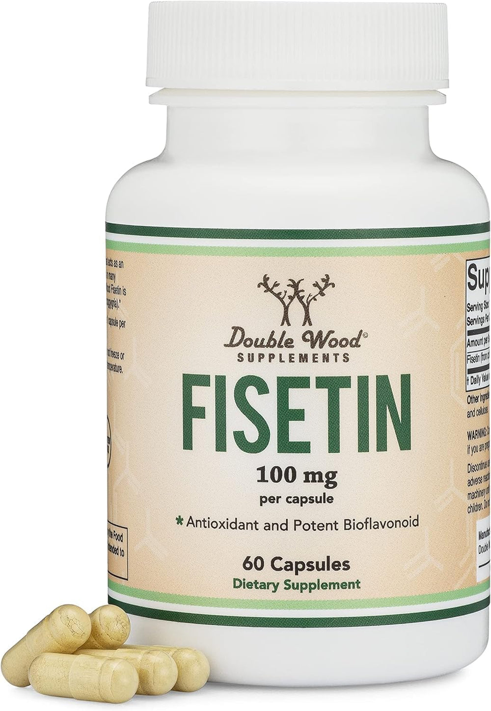 Double Wood Fisetin packaging closeup suggests protected capsules for freshness.