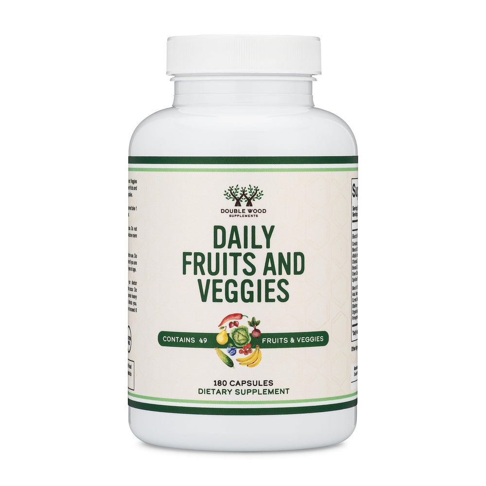 Double Wood Fruits and Veggies Daily Blend bottle front for balanced daily nutrients.
