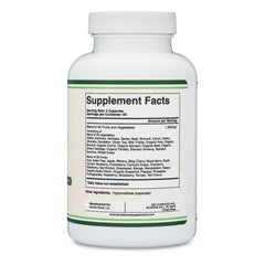 Double Wood Fruits and Veggies Daily Blend bottle label highlights vegan, non-GMO formula.