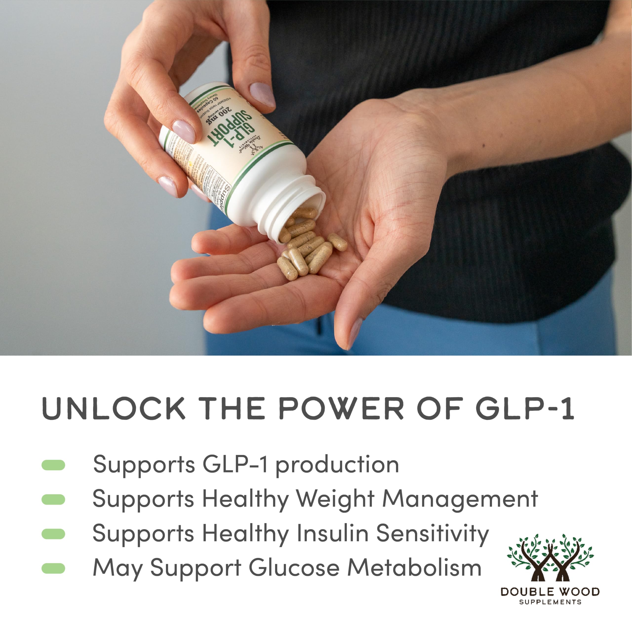 Etiqueta clara de Double Wood GLP-1 con ingredientes estandarizados