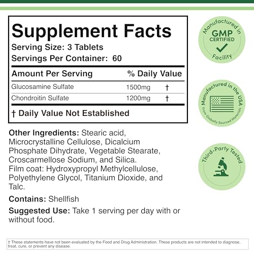 Close-up of tablets highlights the 1500 mg glucosamine and 1200 mg chondroitin formula
