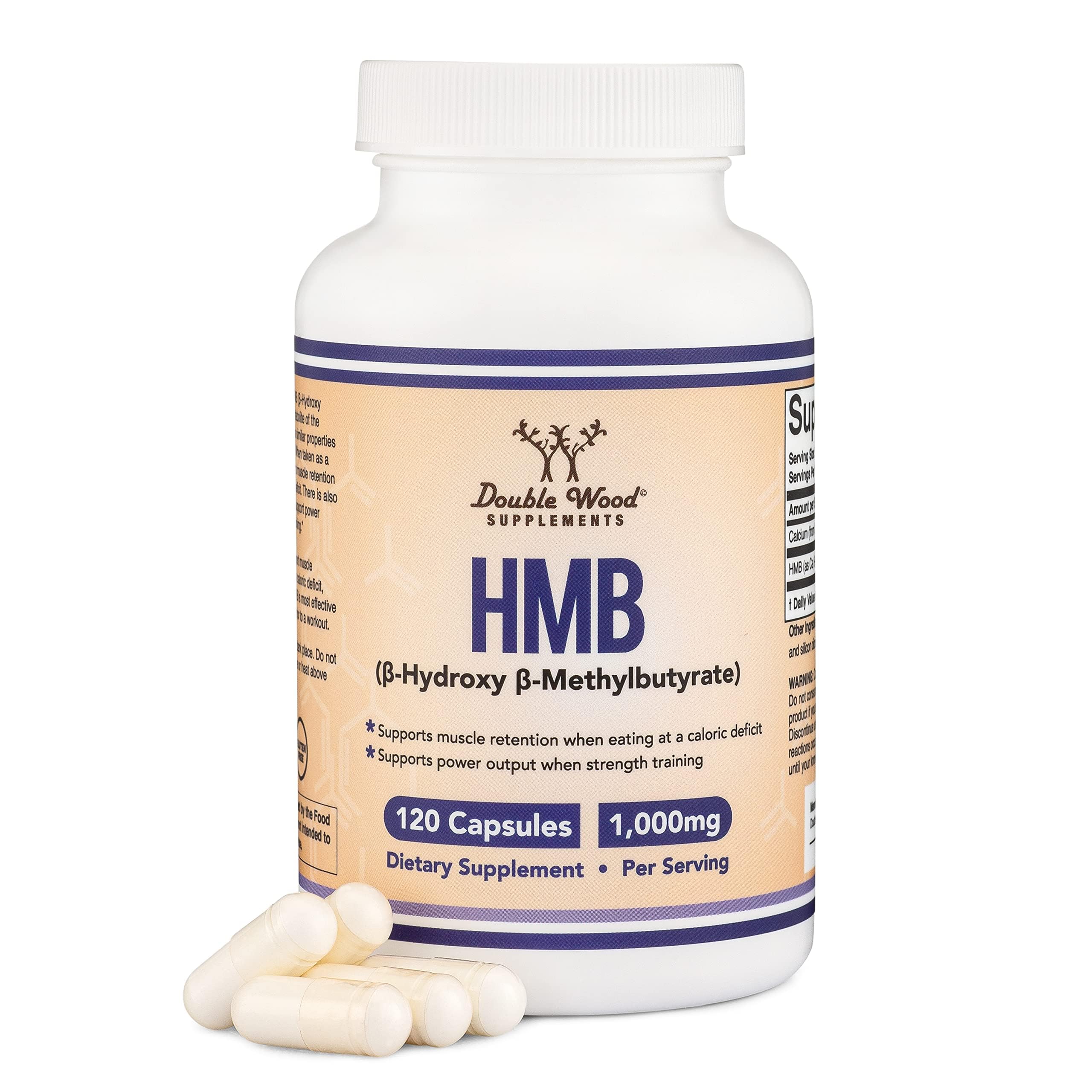 Double Wood HMB supplement bottle with 120 capsules for muscle support potential.