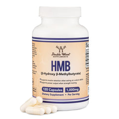 Double Wood HMB supplement bottle with 120 capsules for muscle support potential.
