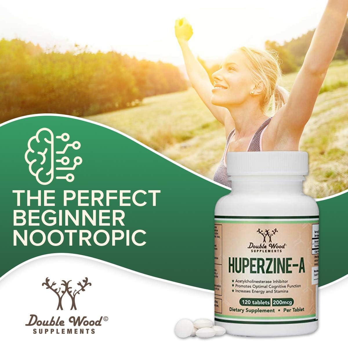 Double Wood Huperzine A bottle on a glass backdrop signaling cognitive wellness.