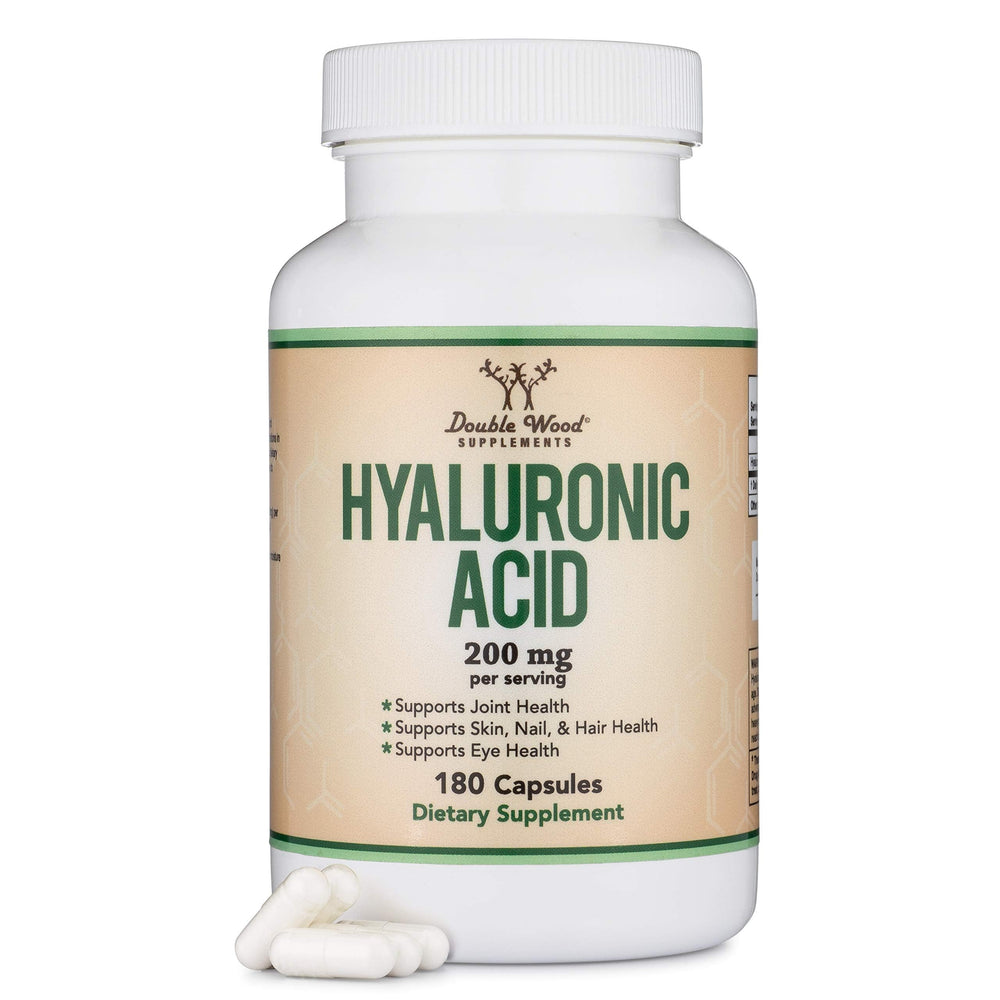 Double Wood Hyaluronic Acid capsules bottle on a shelf for skin and joint support