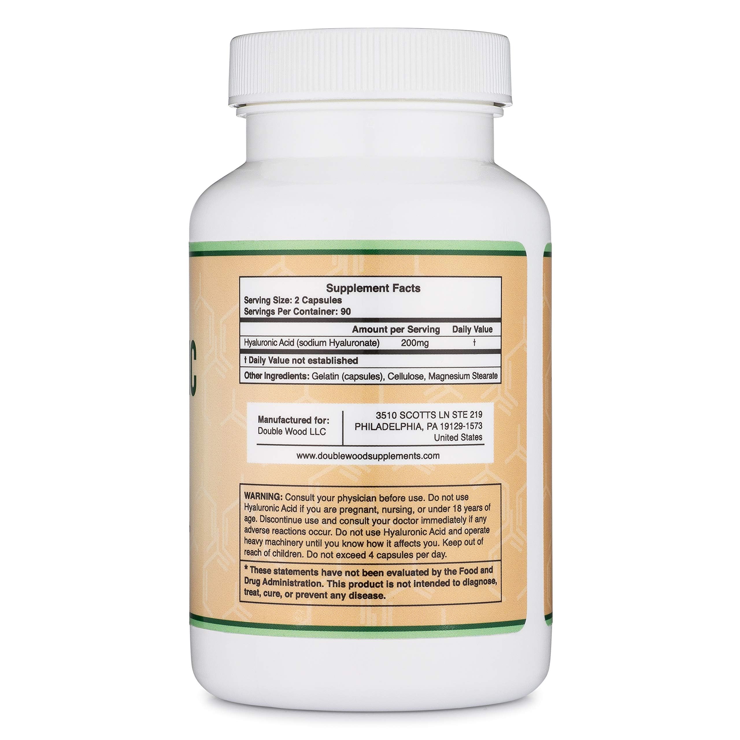 Double Wood Hyaluronic Acid label showing 200 mg per serving for clarity