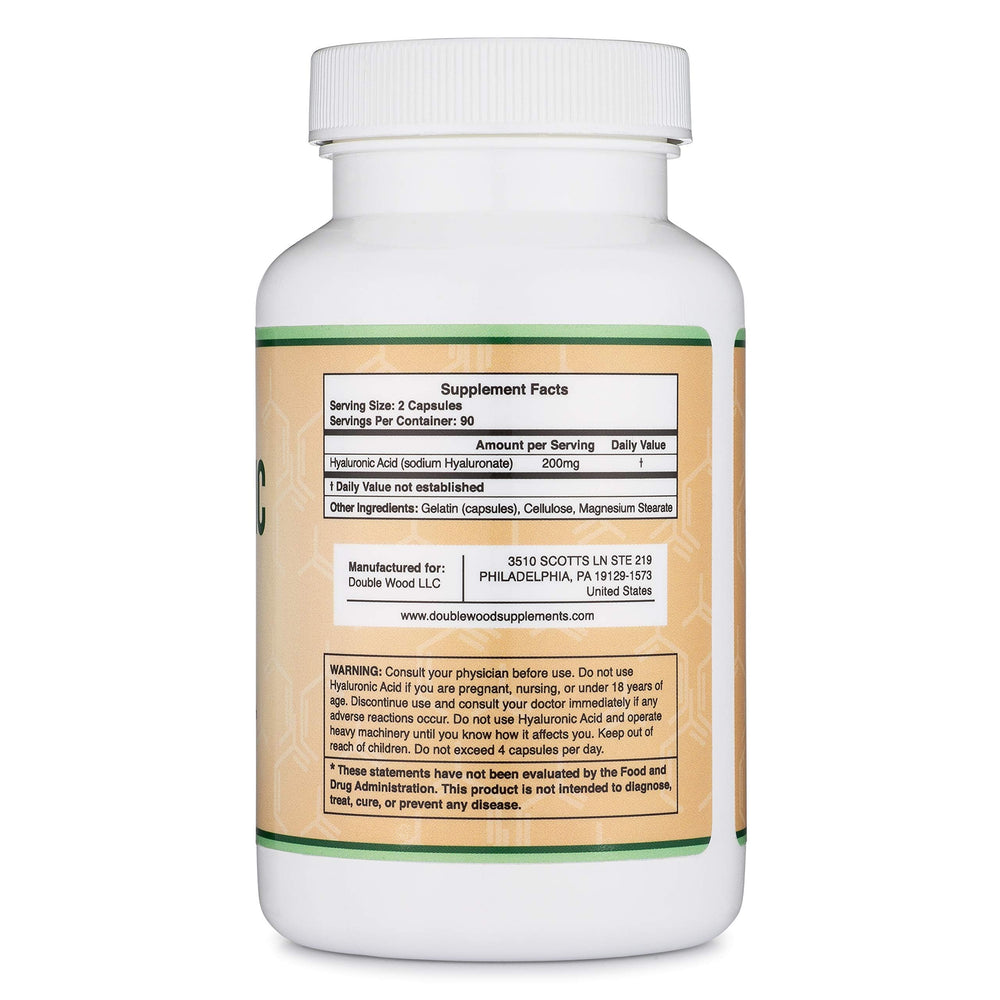 Double Wood Hyaluronic Acid label showing 200 mg per serving for clarity