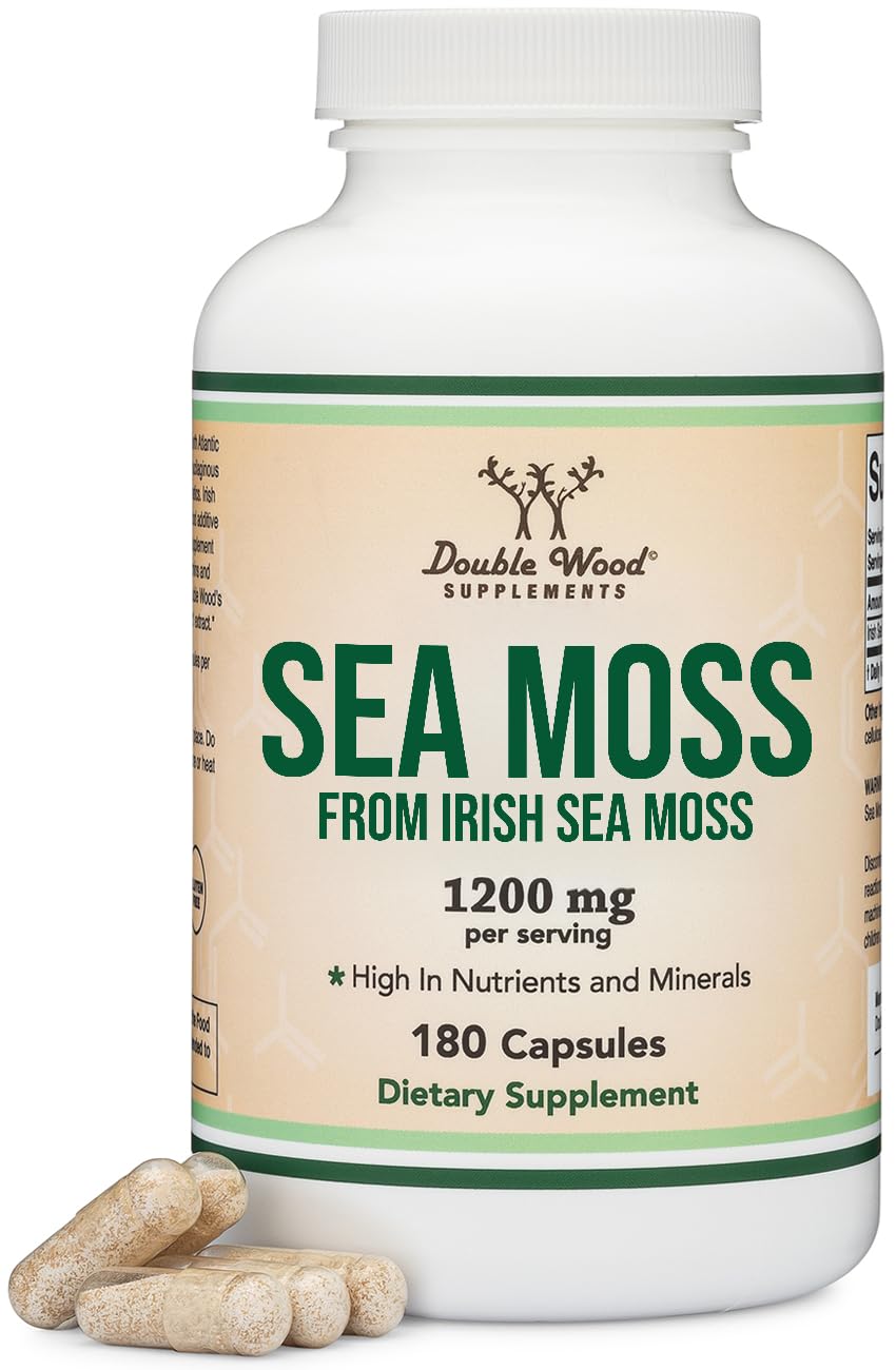 Double Wood Irish Sea Moss capsules bottle front label for mineral-rich daily wellness