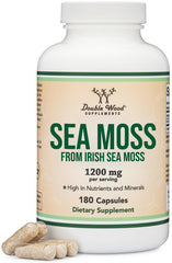 Double Wood Irish Sea Moss capsules bottle front label for mineral-rich daily wellness