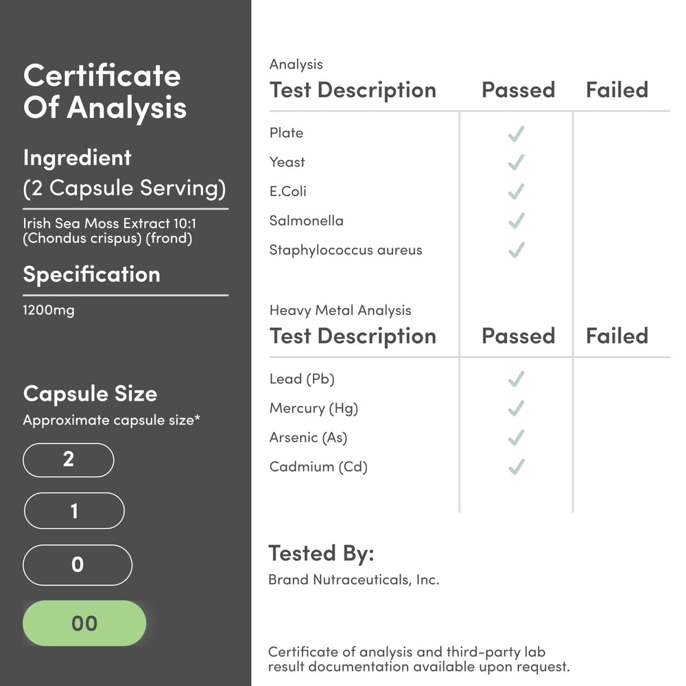 Info-friendly image with third-party testing seals and purity notes