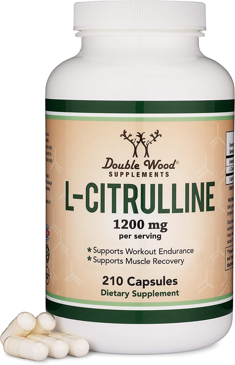 Double Wood L Citrulline bottle with 210 capsules visible for long-term use.