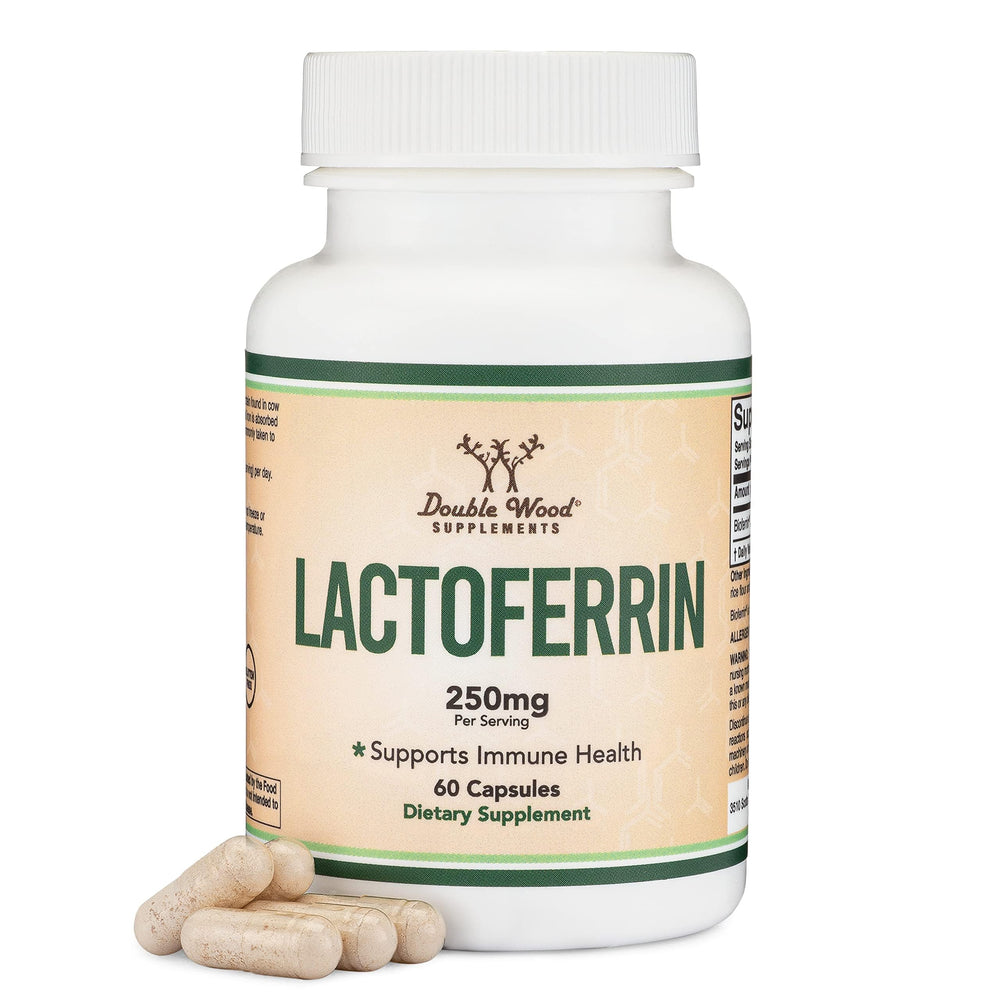 Double Wood Lactoferrin 250mg bottle and capsules for daily iron support and gentle absorption