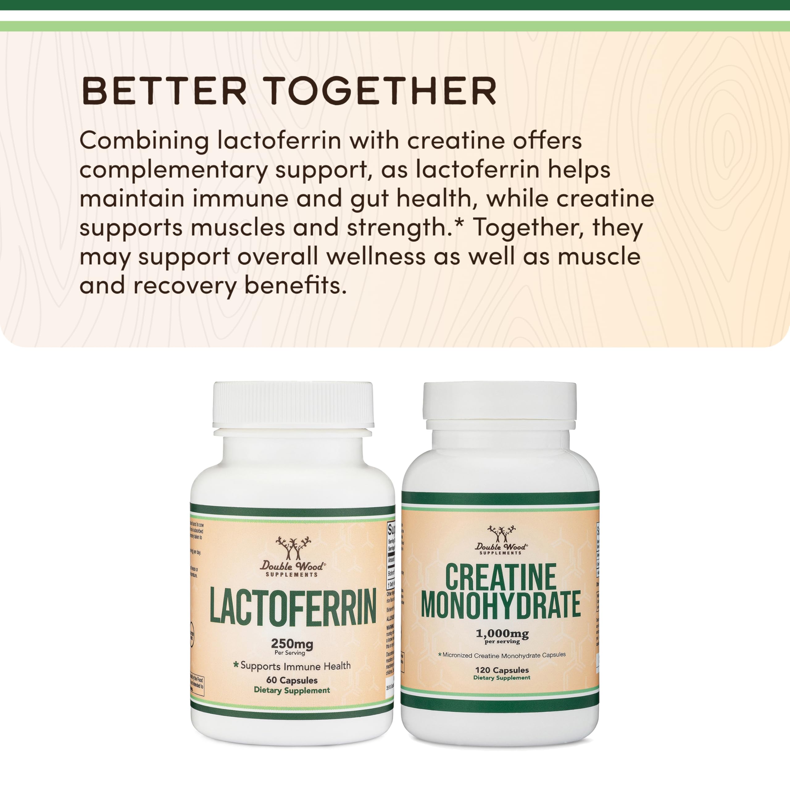 Double Wood lactoferrin capsules showing easy daily intake