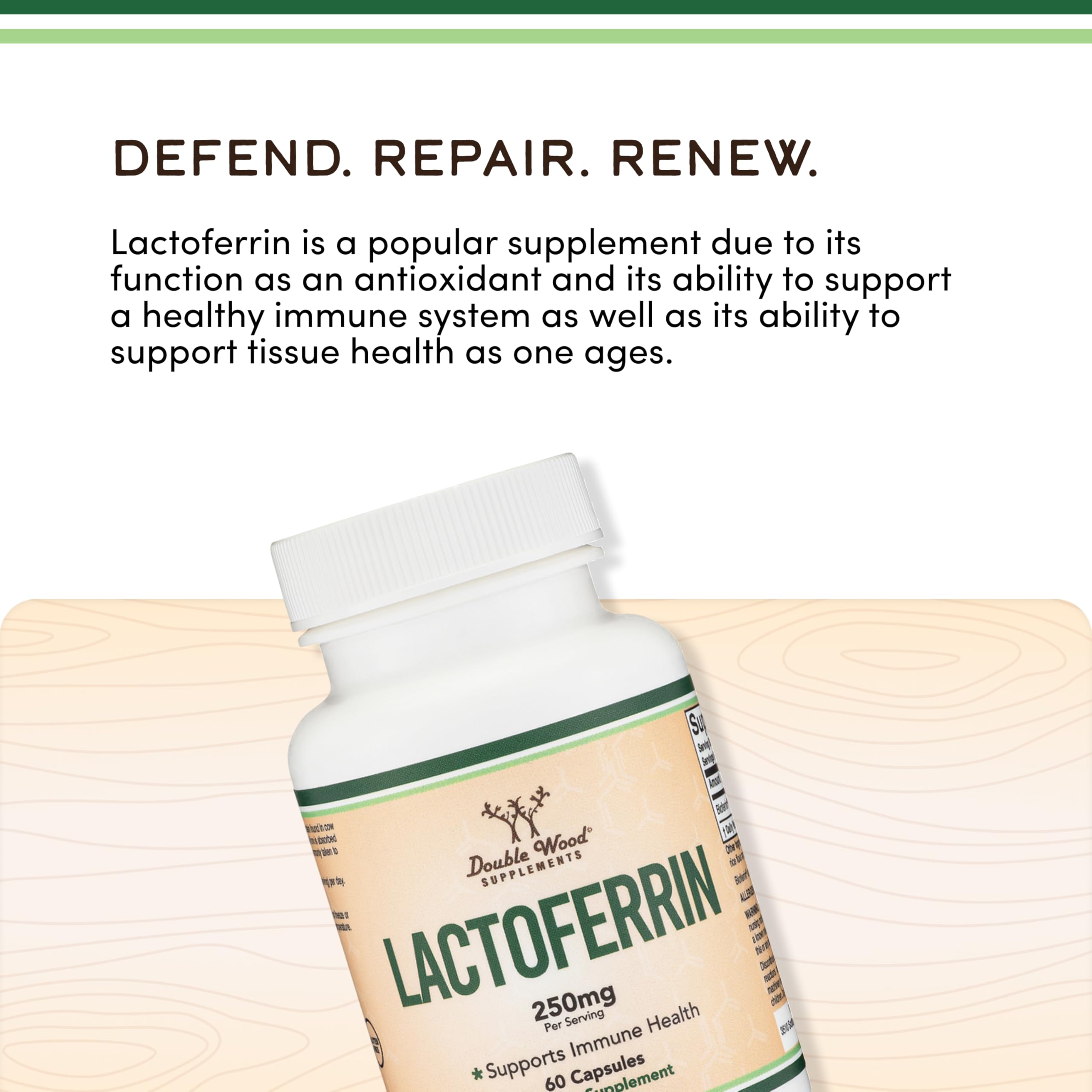 Double Wood lactoferrin supplement facts highlighting consistency and peptides