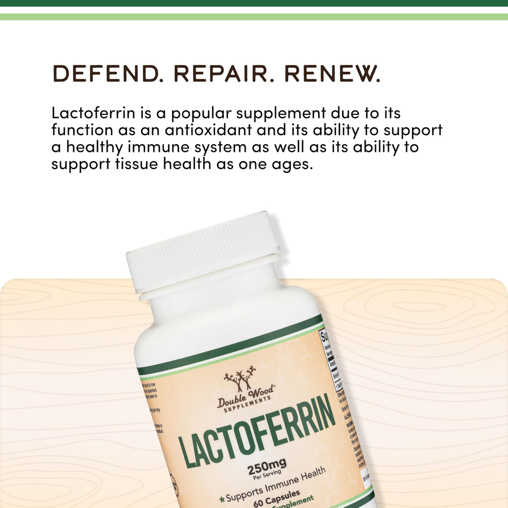 Double Wood lactoferrin supplement facts highlighting consistency and peptides