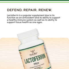 Double Wood lactoferrin supplement facts highlighting consistency and peptides