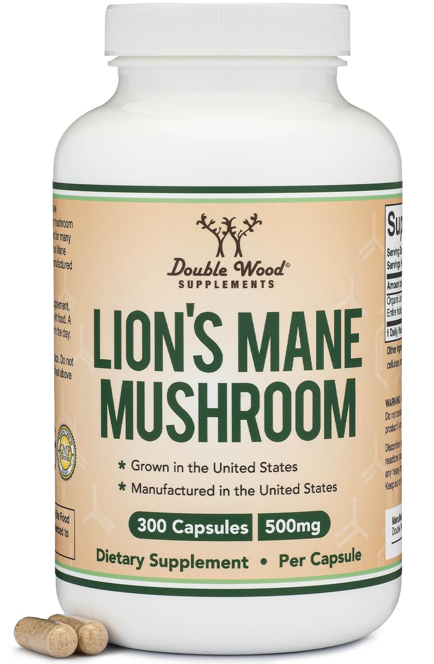 Double Wood Lions Mane capsules bottle for focus and immune health