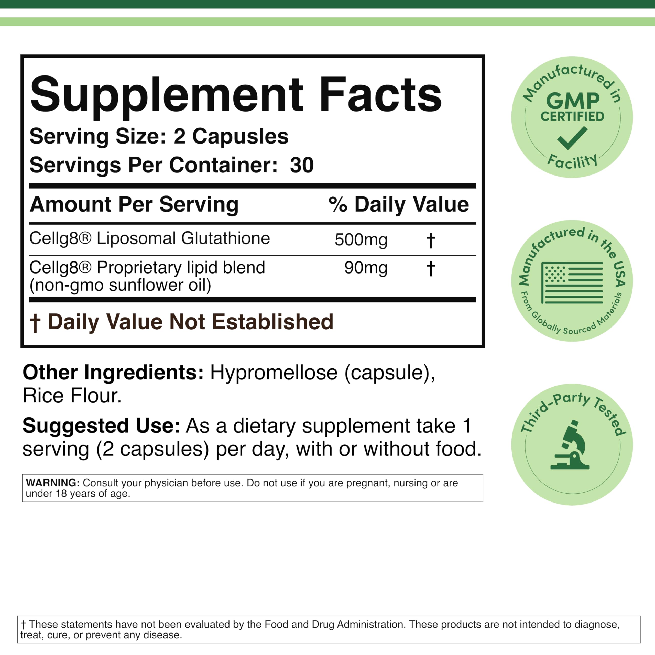 Back label of Double Wood Liposomal Glutathione bottle with ingredients and certifications