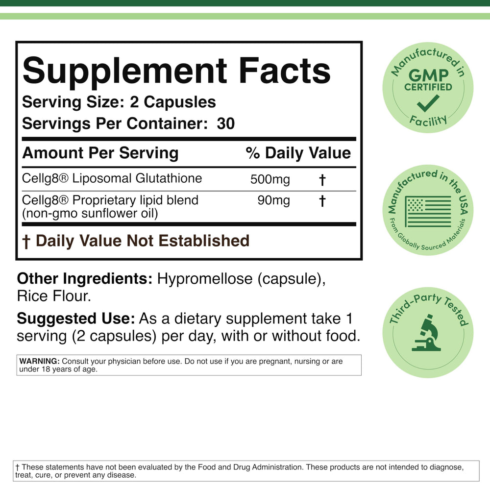 Back label of Double Wood Liposomal Glutathione bottle with ingredients and certifications