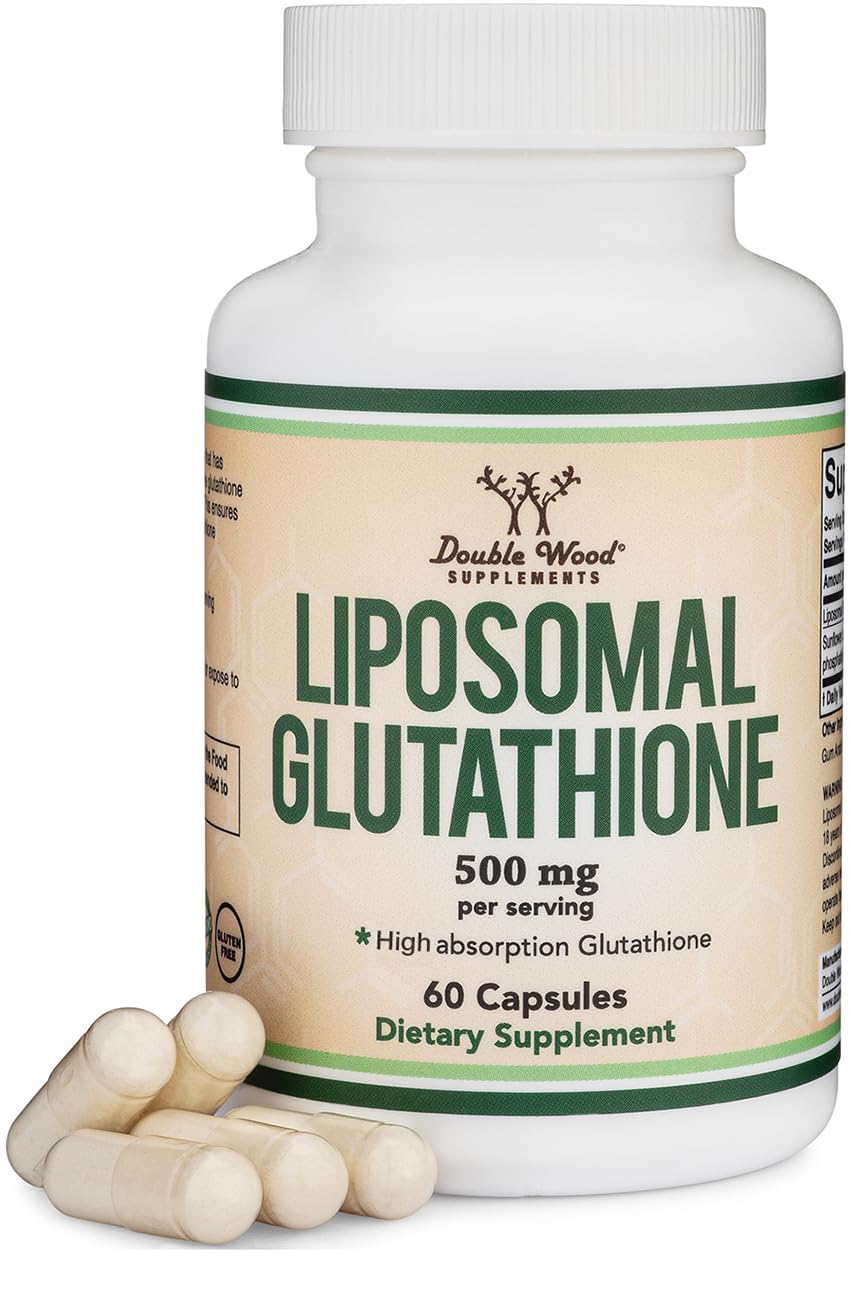 Double Wood Liposomal Glutathione bottle front showing vegan formula and packaging