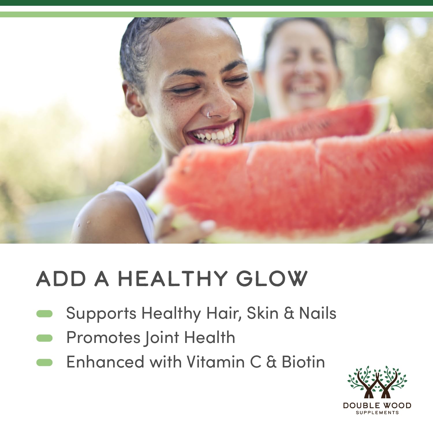 Biotin-enriched Double Wood collagen bottle supports hair and nails.