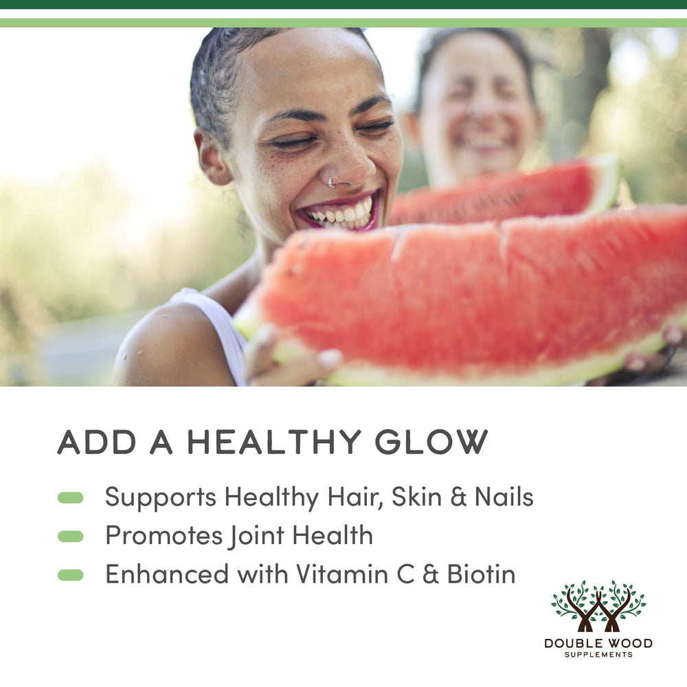 Biotin-enriched Double Wood collagen bottle supports hair and nails.