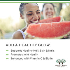 Biotin-enriched Double Wood collagen bottle supports hair and nails.