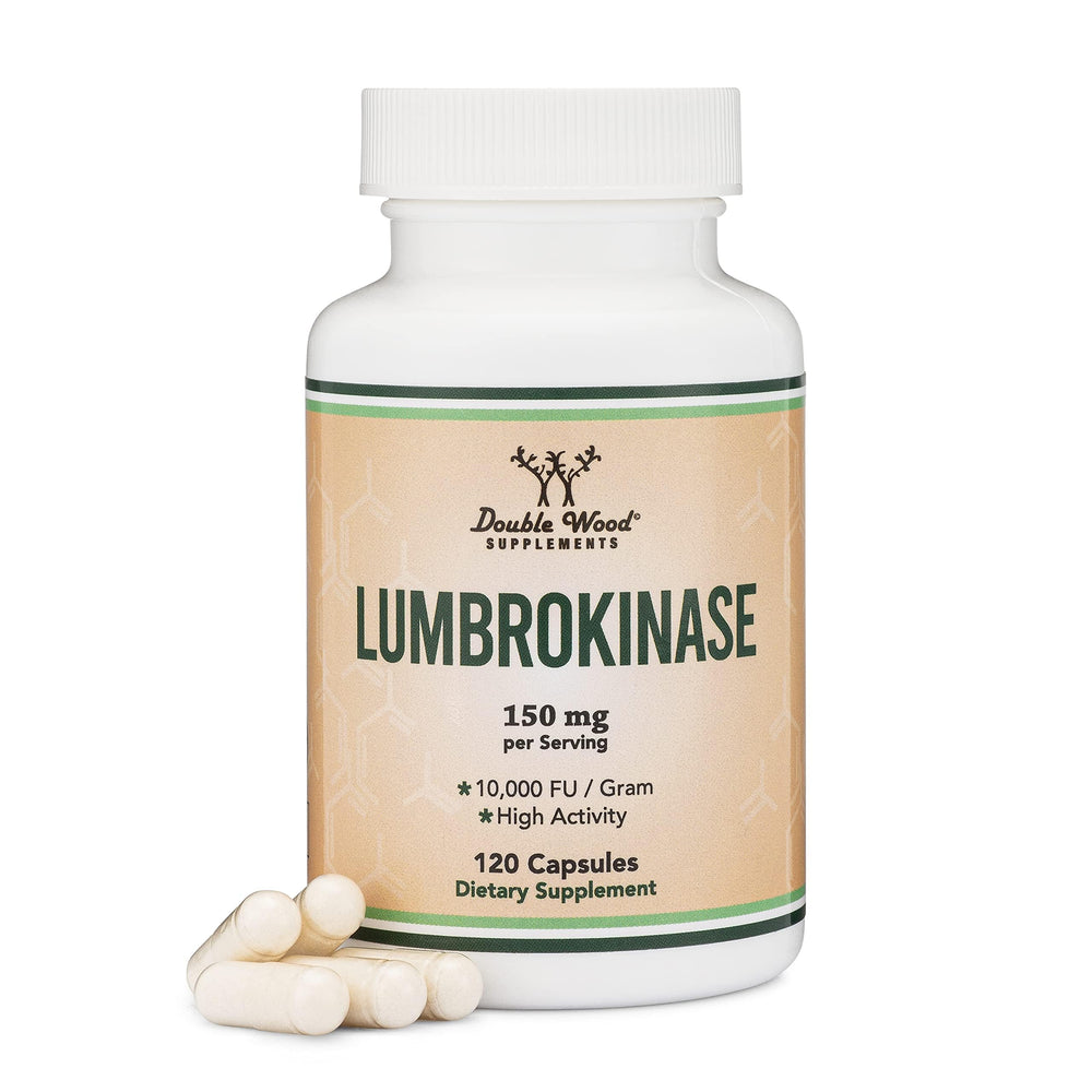 Double Wood Lumbrokinase bottle front showing high-activity enzymes for cardiovascular support.
