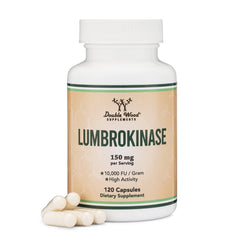 Double Wood Lumbrokinase bottle front showing high-activity enzymes for cardiovascular support.