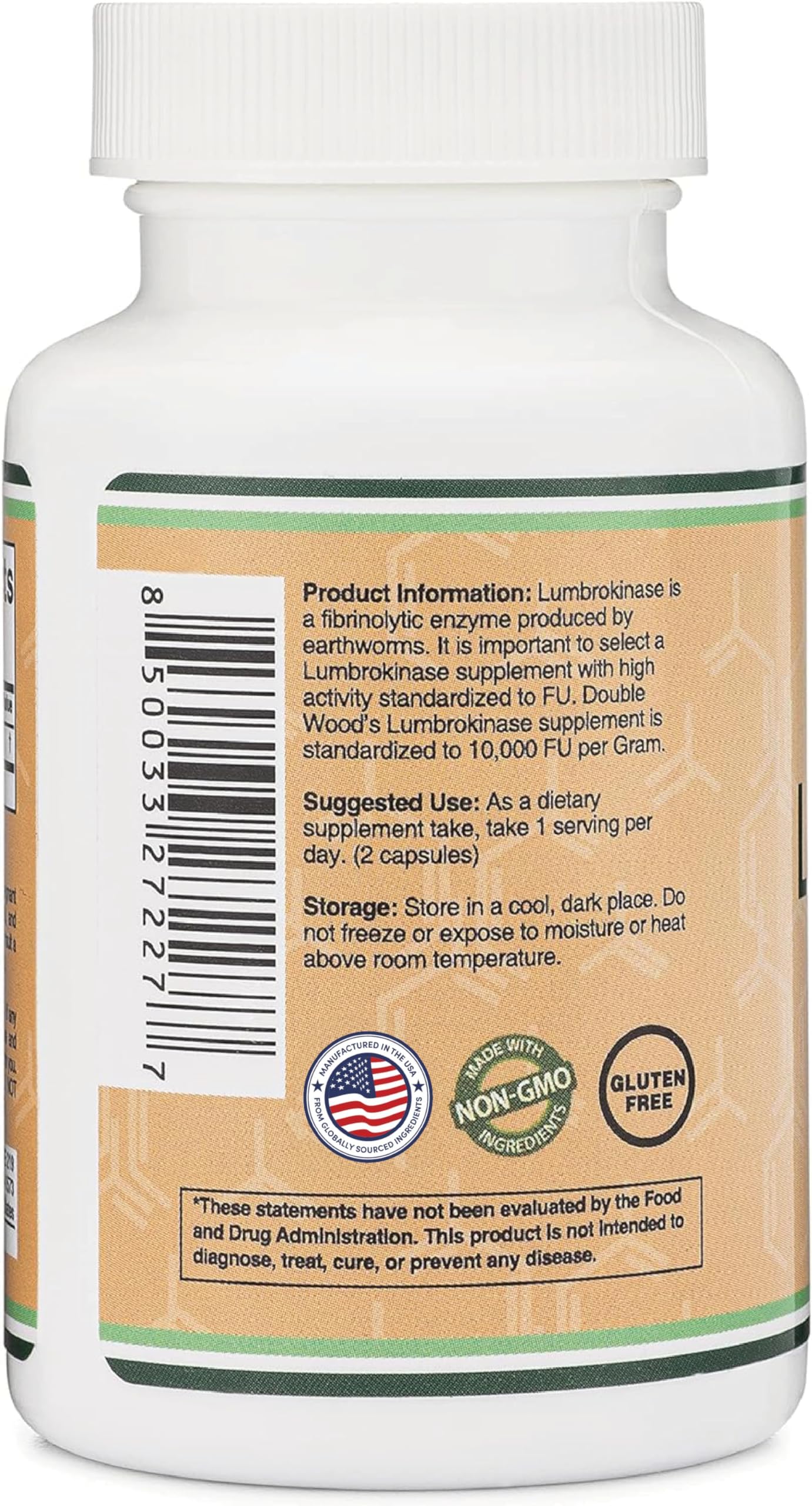 Double Wood Lumbrokinase box packaging showing non-GMO, third-party tested quality assurance.