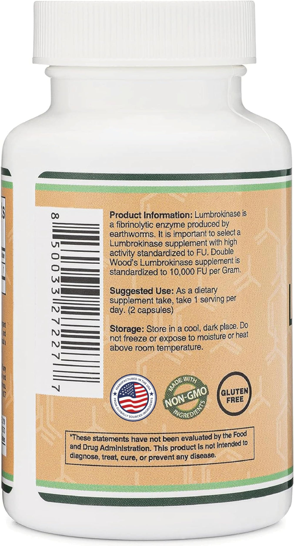Double Wood Lumbrokinase box packaging showing non-GMO, third-party tested quality assurance.