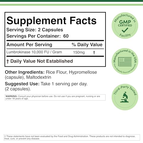 Double Wood Lumbrokinase capsules closeup highlighting 150 mg serving and potent activity.