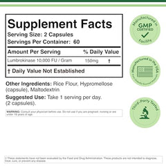 Double Wood Lumbrokinase capsules closeup highlighting 150 mg serving and potent activity.