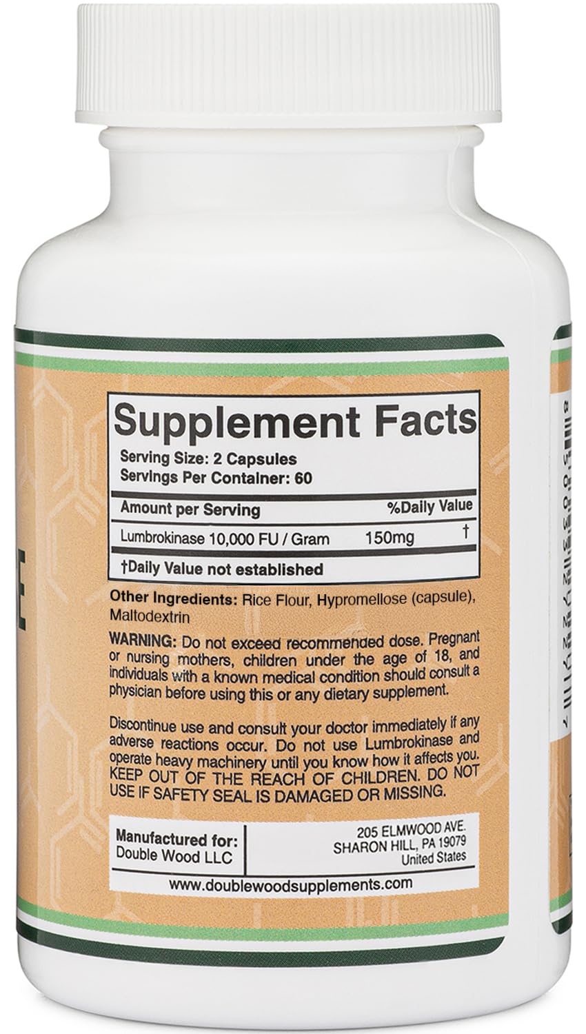 Double Wood Lumbrokinase label details emphasize no fillers and gluten-free formula.