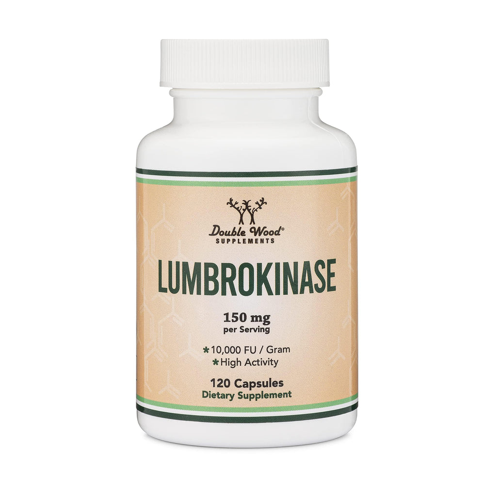 Double Wood Lumbrokinase supplement scene on desk suggesting daily circulatory support.