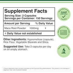 Close-up of Double Wood Maca root capsules label showing brand and origin