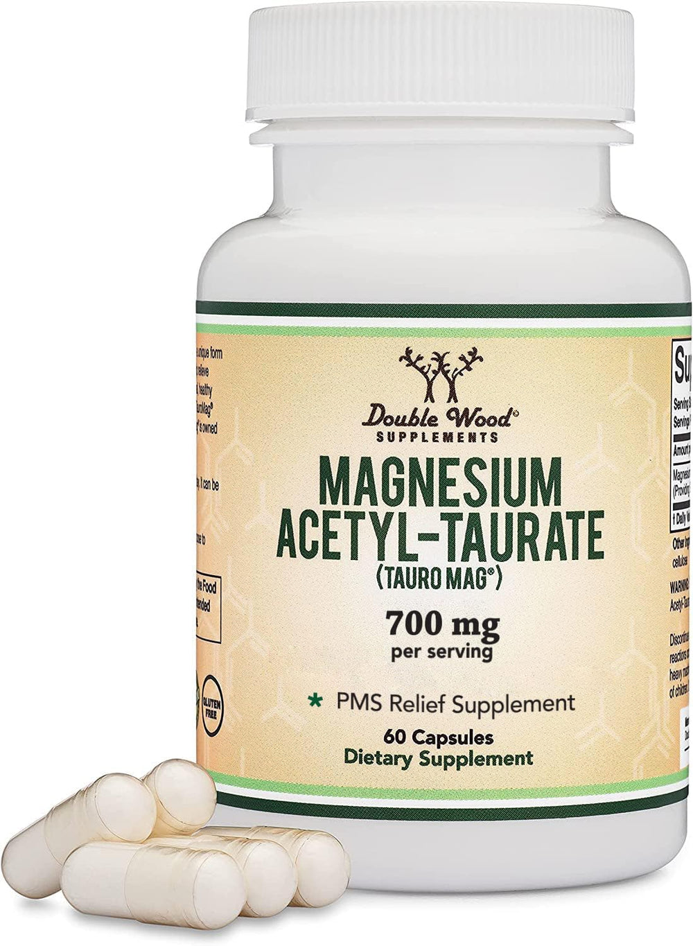 Double Wood Magnesium Acetyl-Taurate capsules in bottle, for PMS relief potential