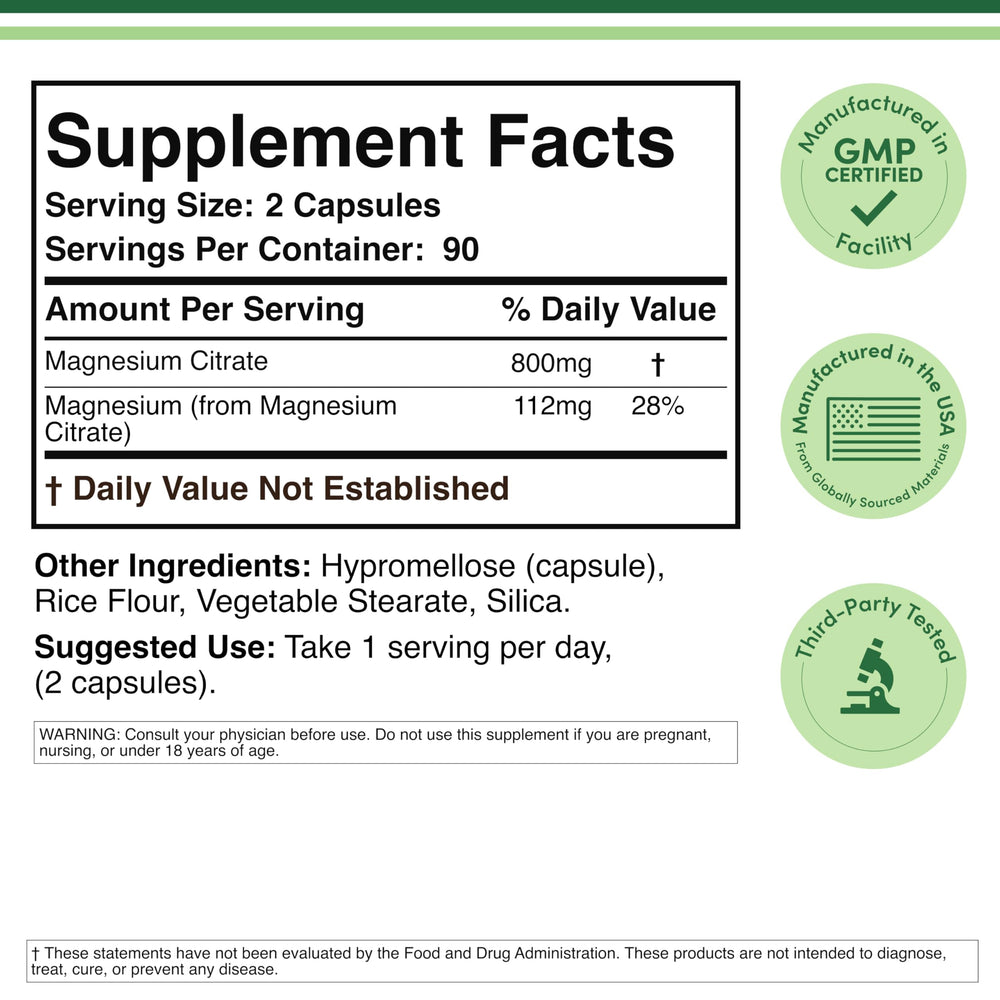 Double Wood Magnesium Citrate capsules, 800 mg per serving, for digestion support.