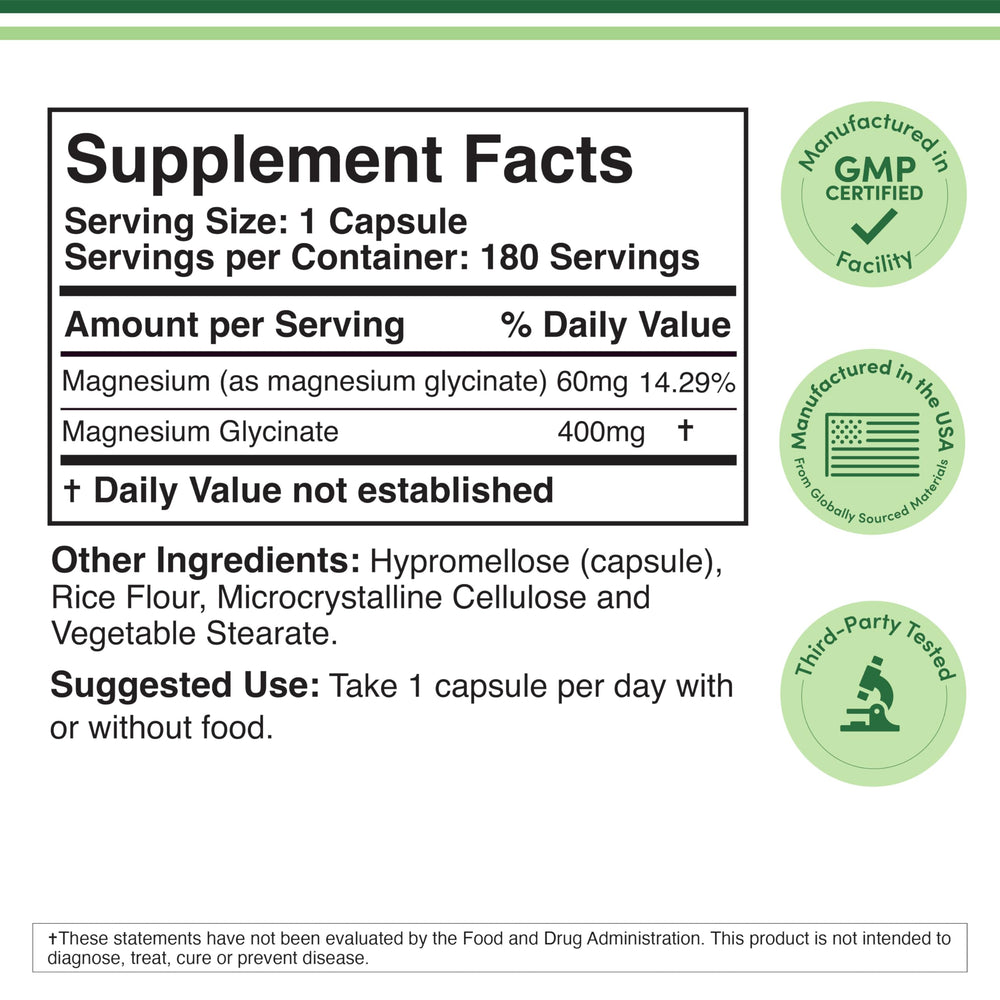 Double Wood Magnesium Glycinate 400mg bottle label highlights USA manufacturing and third-party testing