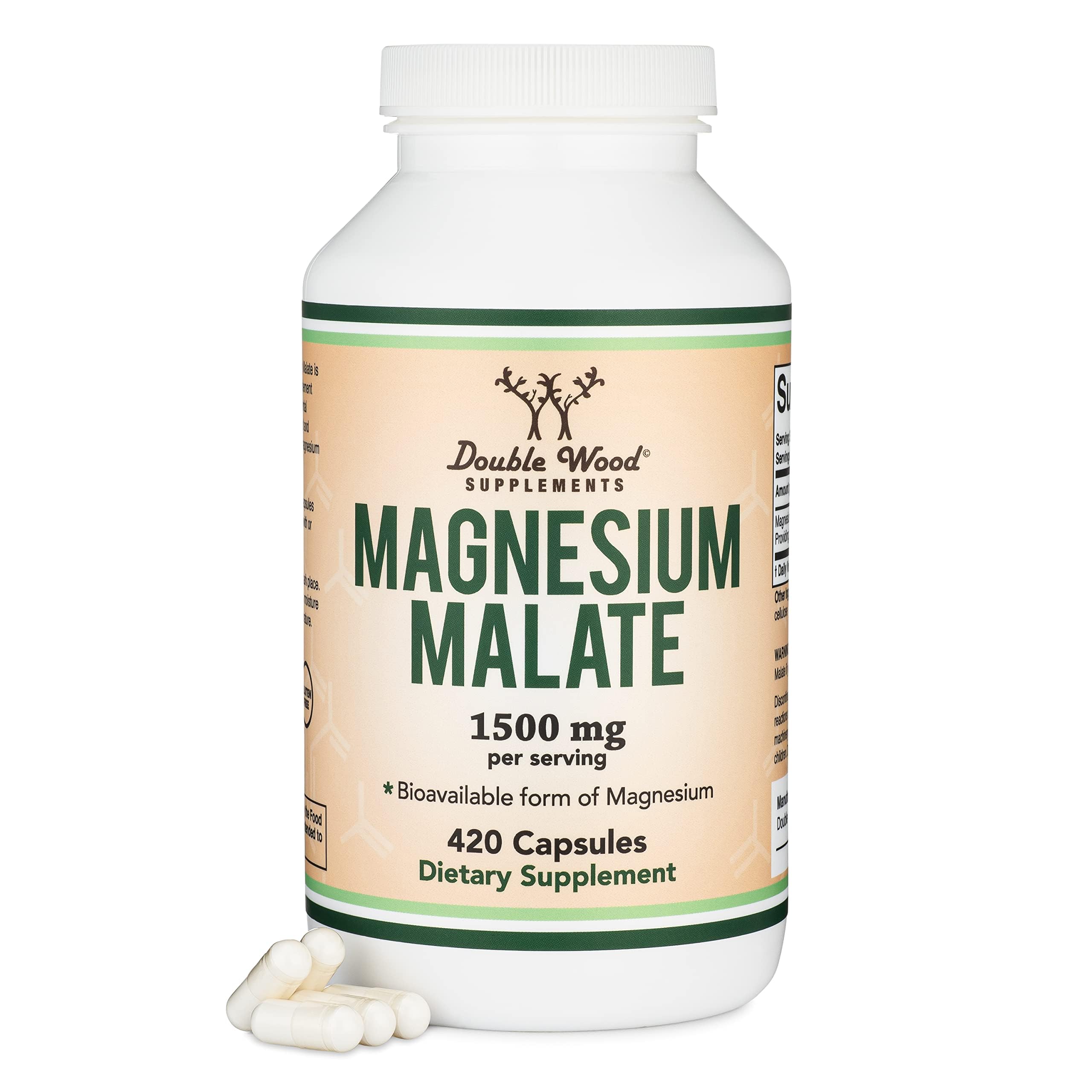 Double Wood Magnesium Malate capsules bottle highlighting 1,500 mg per serving for daily support