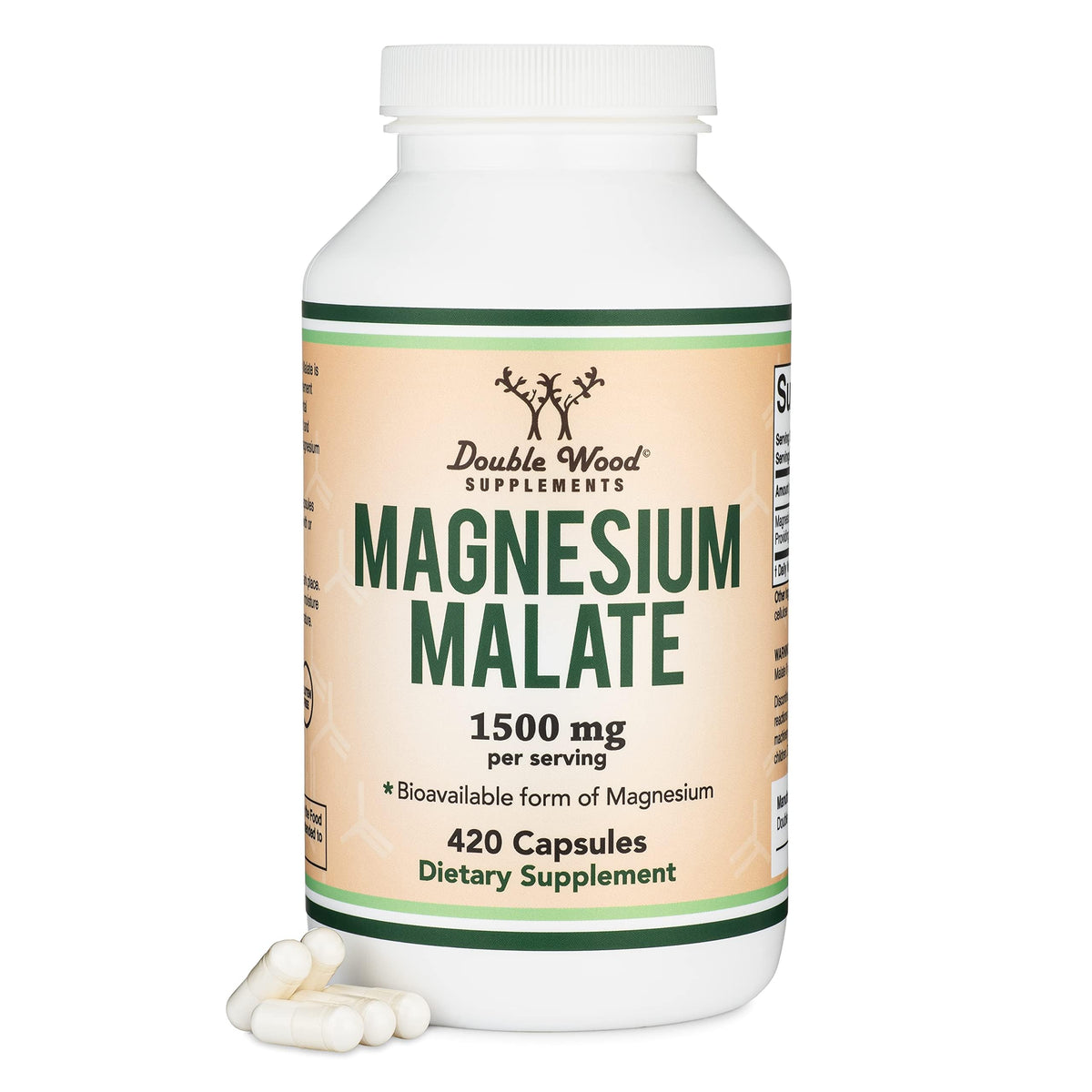 Double Wood Magnesium Malate capsules bottle highlighting 1,500 mg per serving for daily support