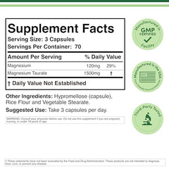 Double Wood Magnesium Taurate label highlights 1,500 mg per serving and vegan formula.