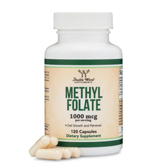Double Wood Methylfolate 1000mcg bottle highlights premium vegan folate option for daily wellness.