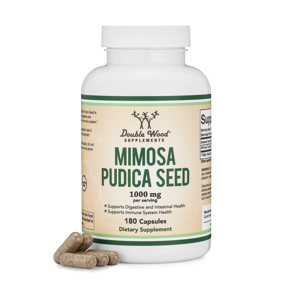 Double Wood Mimosa Pudica seed capsules bottle for daily digestive support.