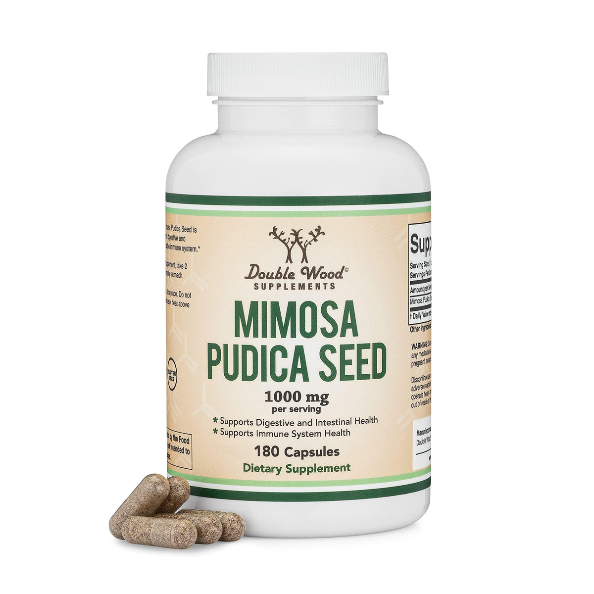 Double Wood Mimosa Pudica seed capsules bottle for daily digestive support.